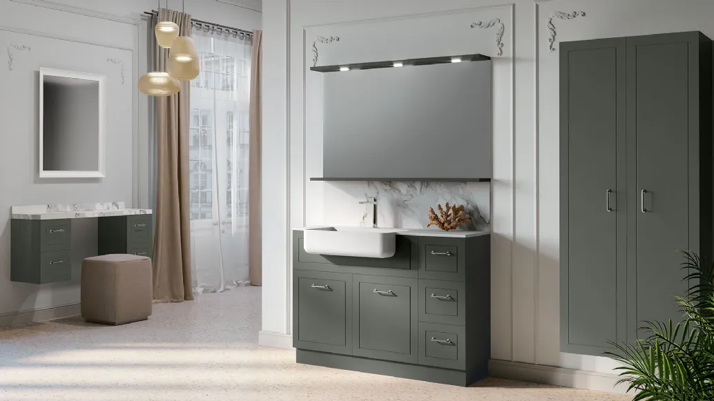 Mobile da Bagno a terra composizione Classic 02 in laccato grigio quarzo e top in HPL effetto marmo di Licor Design