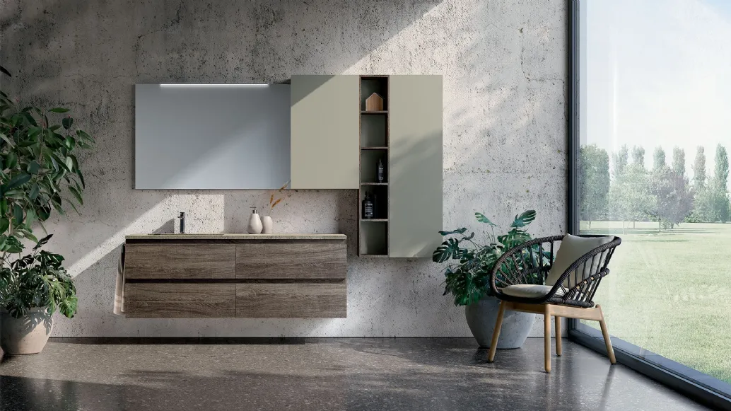 Mobile da Bagno sospeso composizione Happy 01 in melaminico rovere graffiato e laccato opaco di Licor Design