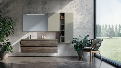 Mobile da Bagno sospeso composizione Happy 01 in melaminico rovere graffiato e laccato opaco di Licor Design