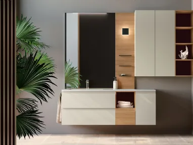 Mobile da Bagno sospeso composizione Happy 02 in laccato opaco e legno di Licor Design