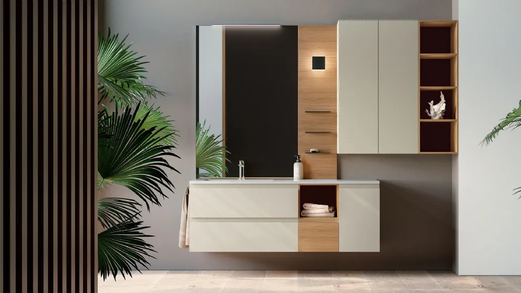 Mobile da Bagno sospeso composizione Happy 02 in laccato opaco e legno di Licor Design