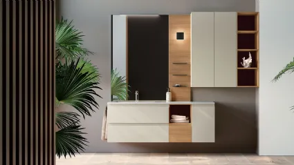 Mobile da Bagno sospeso composizione Happy 02 in laccato opaco e legno di Licor Design