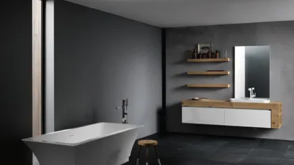 Mobile da Bagno sospeso con piano in legno di rovere e frontali in laccato bianco lucido INK NK13 Compab