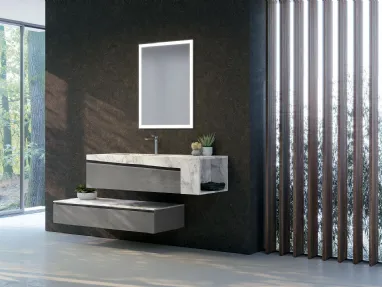 Mobile da Bagno sospeso in melaminico cemento scuro con top in HPL effetto marmo composizione K302 di Licor Design