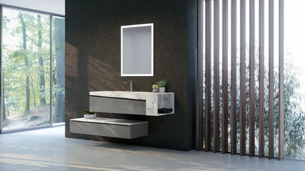 Mobile da Bagno sospeso in melaminico cemento scuro con top in HPL effetto marmo composizione K302 di Licor Design