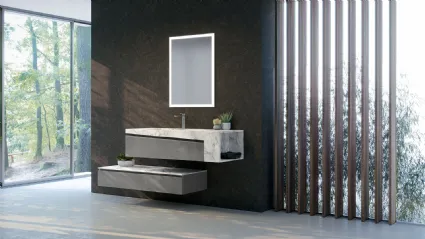 Mobile da Bagno sospeso in melaminico cemento scuro con top in HPL effetto marmo composizione K302 di Licor Design