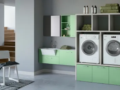 Mobile da Bagno per lavanderia in laccato verde bianco composizione Laundry 02 di Licor Design