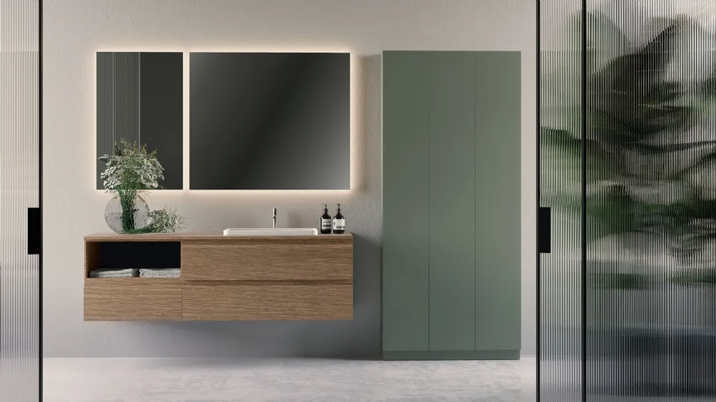 Mobile da Bagno sospeso in legno con colonne in laccato opaco Happy 05 di Licor Design