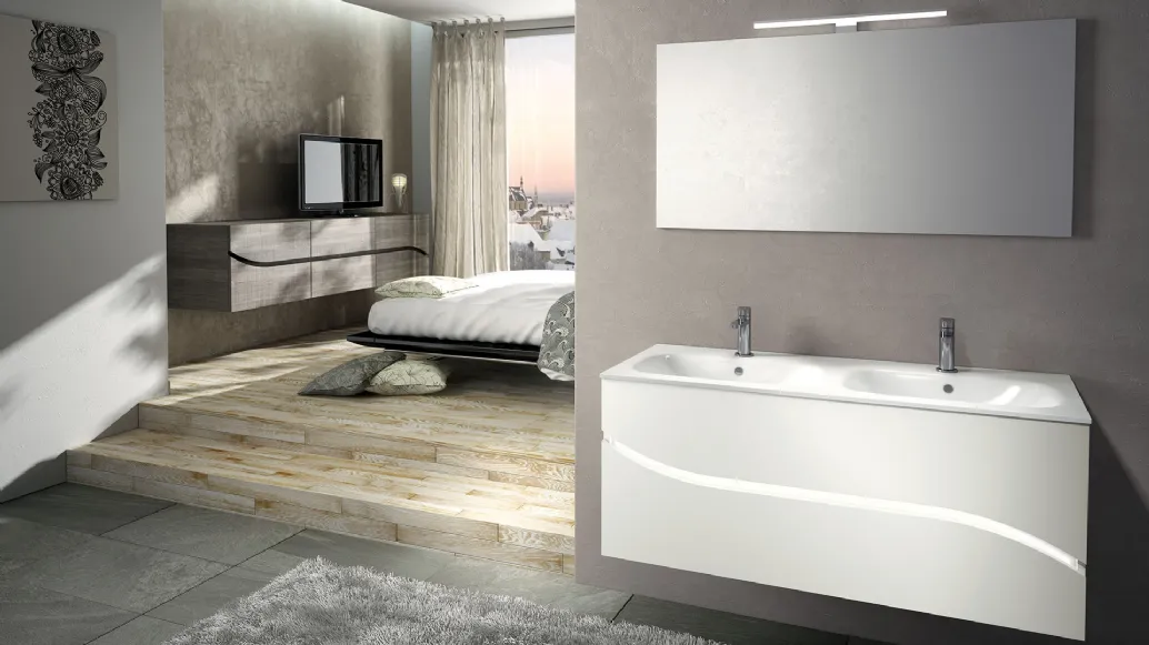 Mobile da Bagno sospeso in laccato bianco puro con top in ceramica composizione Onda 01 di Licor Design