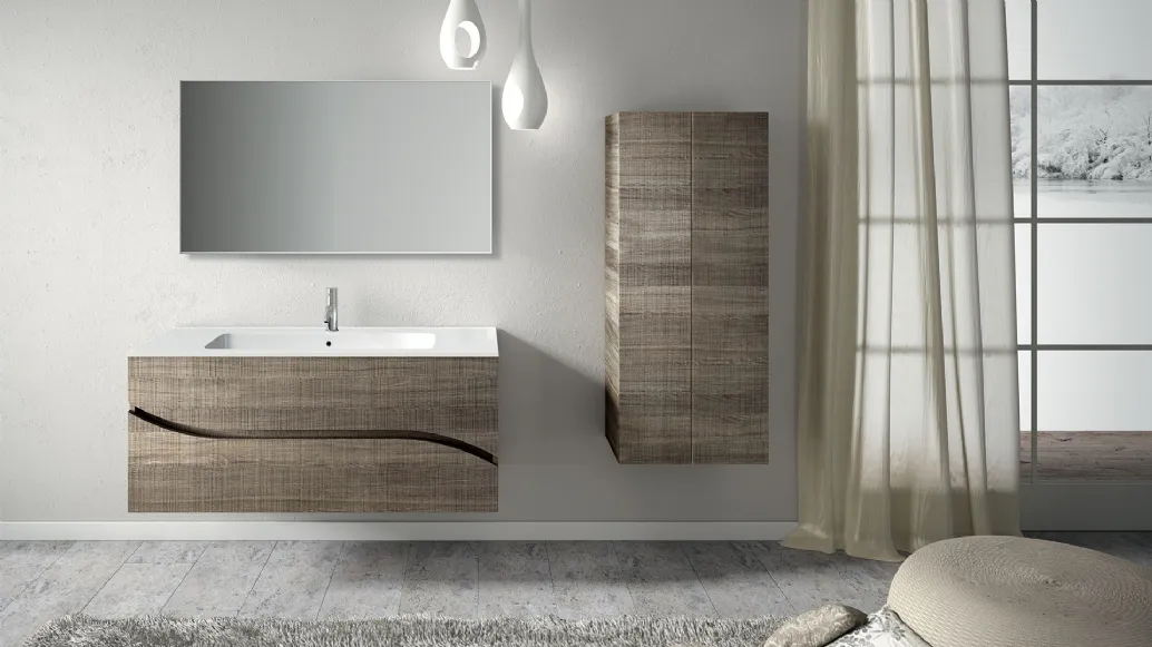 Mobile da Bagno sospeso in melaminico rovere graffiato composizione Onda 02 di Licor Design