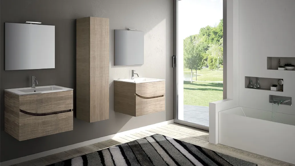 Mobile da Bagno sospeso in melaminico effetto legno graffiato composizione Onda 04 di Licor Design