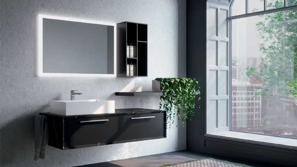 Mobile da Bagno sospeso in laccato nero grafite e HPL composizione Q45 01 di Licor Design