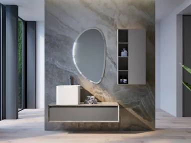 Mobile da Bagno sospeso in laccato opaco e HPL effetto marmo travertino composizione Q45 04 di Licor Design