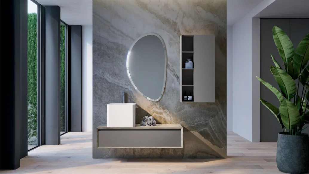 Mobile da Bagno sospeso in laccato opaco e HPL effetto marmo travertino composizione Q45 04 di Licor Design