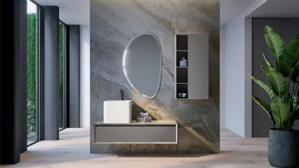 Mobile da Bagno sospeso in laccato opaco e HPL effetto marmo travertino composizione Q45 04 di Licor Design