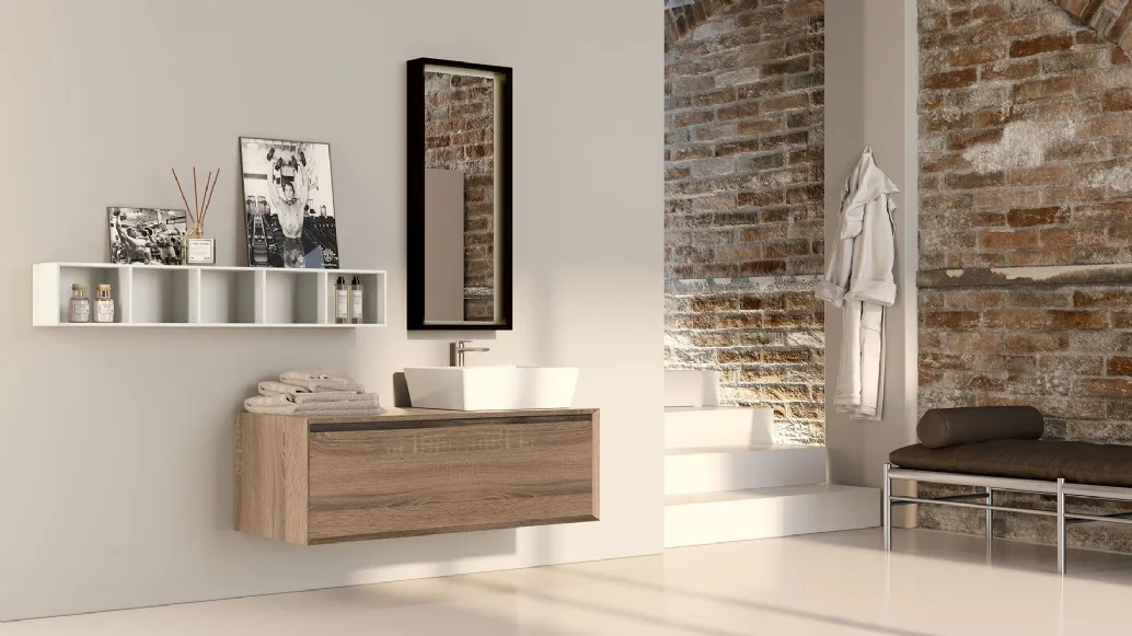 Mobile da Bagno sospeso in melaminico rovere e pensile a giorno in laccato bianco opaco composizione Q45 08 di Licor Design