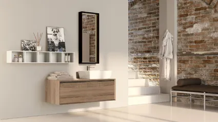 Mobile da Bagno sospeso in melaminico rovere e pensile a giorno in laccato bianco opaco composizione Q45 08 di Licor Design