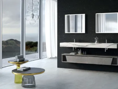 Mobile da Bagno sospeso in melaminico cemento scuro con top in HPL effetto marmo composizione Seven 06 di Licor Design