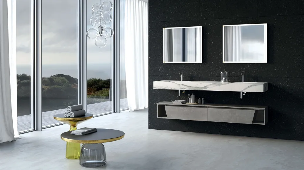 Mobile da Bagno sospeso in melaminico cemento scuro con top in HPL effetto marmo composizione Seven 06 di Licor Design