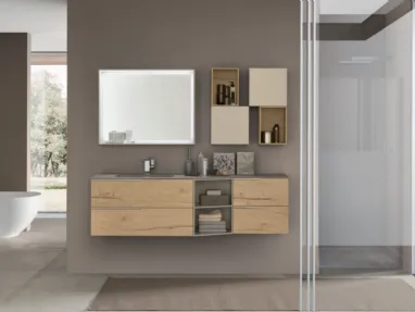 Mobile da Bagno sospeso M1 System C114 in melaminico effetto legno con pensili in laccato opaco di Baxar