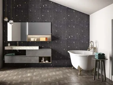 Mobile da bagno sospeso in laccato metallico e rovere con top in gres effetto marmo Memento 03 di Birex