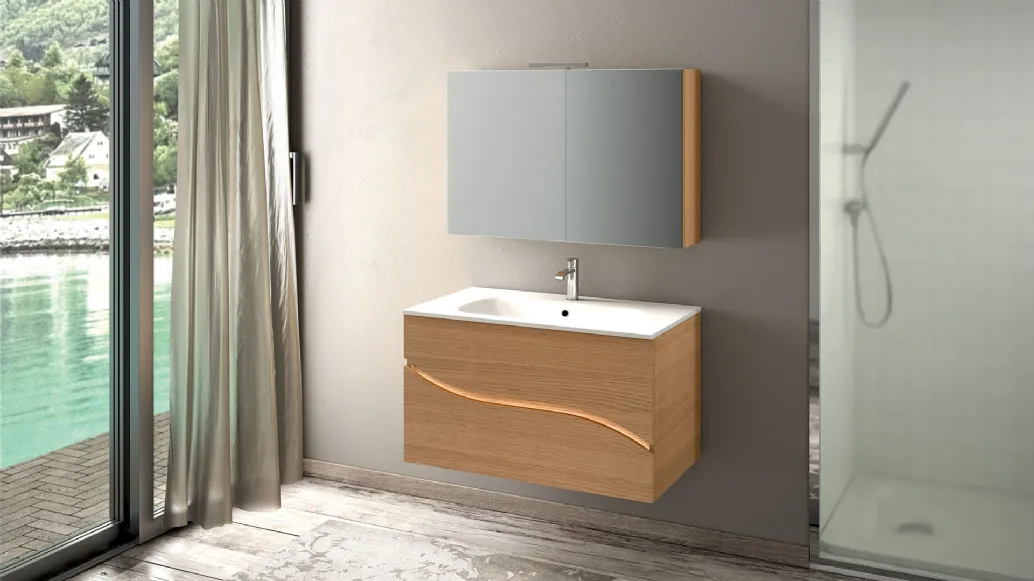 Mobile da Bagno sospeso composizione Onda 06 in legno di rovere naturale di Licor Design