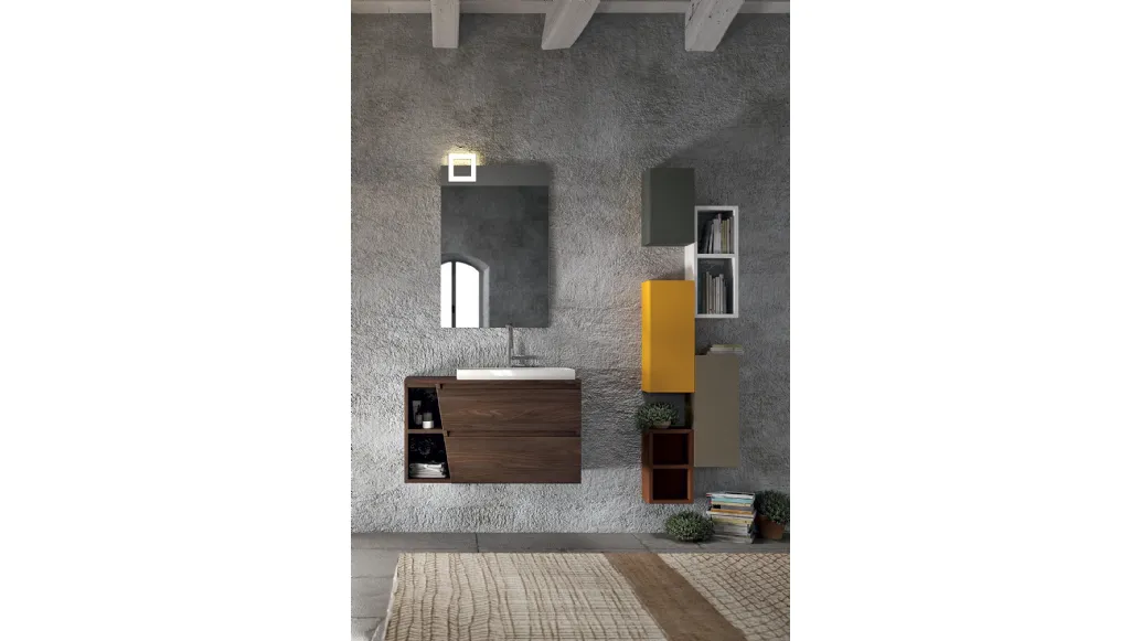 Mobile da Bagno sospeso composizione Seven 12 in melaminico con pensili in laccato opaco vari colori di Licor Design