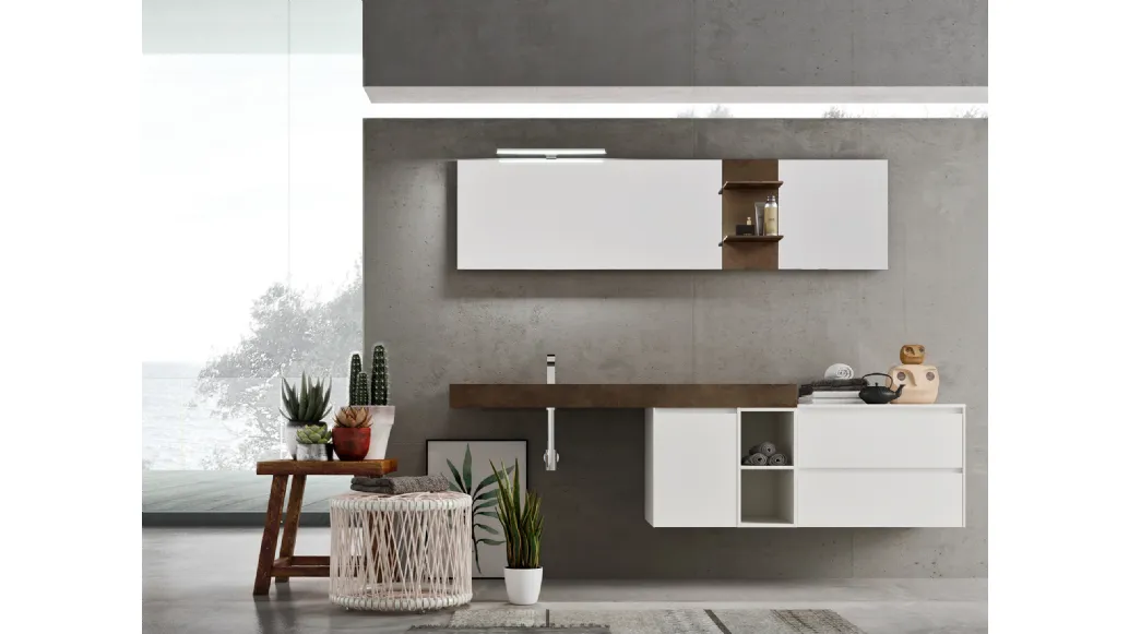 Mobile da Bagno in laccato Bianco opaco e finitura effetto ruggine per top e mensole in HPL Start Play 02 di Ardeco