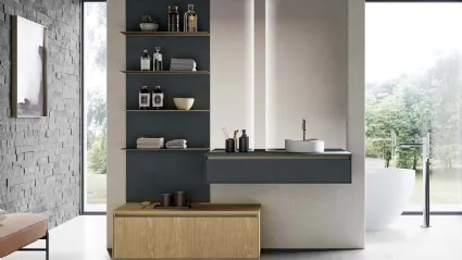 Mobile da Bagno sospeso in laccato opaco grigio antracite e canneté essenza rovere naturale Traccia 06 di Birex