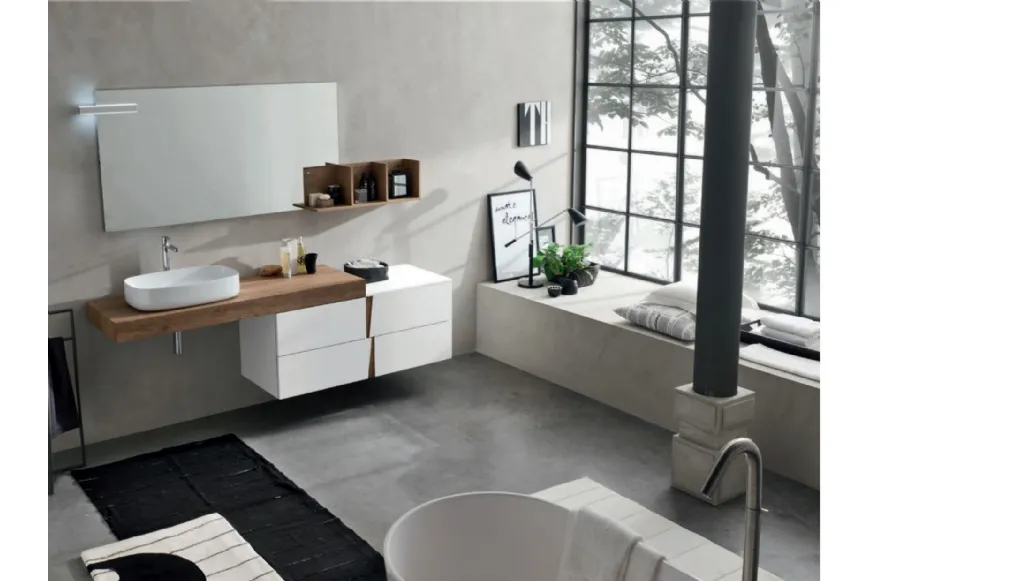 Mobile da Bagno in laccato Bianco opaco con top in melaminico effetto legno Wector 05 di Ardeco