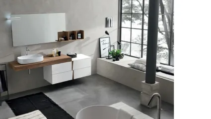 Mobile da Bagno in laccato Bianco opaco con top in melaminico effetto legno Wector 05 di Ardeco