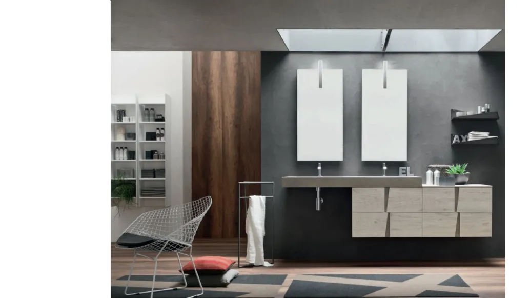 Mobile da Bagno sospeso in melaminico Nodato Bianco con top con doppio lavabo e maniglie in Ecomalta Wector 15 di Ardeco