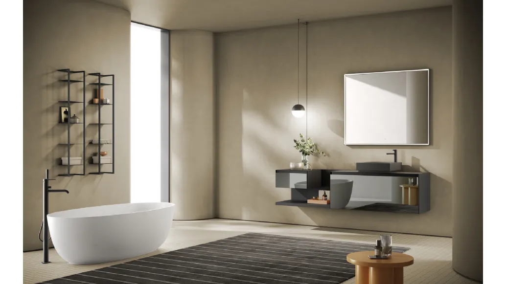 Mobile da Bagno sospeso Yoko 02 con frontali a specchio e laccato Grigio Fumo e Nero opaco di Ardeco