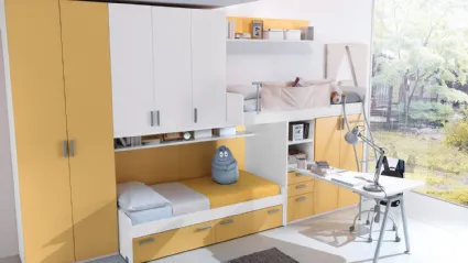 Cameretta a soppalco con scrivania in laccato bianco e giallo opaco Composizione EN19 di S75