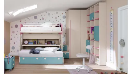 Cameretta in melaminico e laccato azzurro e rosa Alpha Letto a Castello B030 di Doimo Cityline