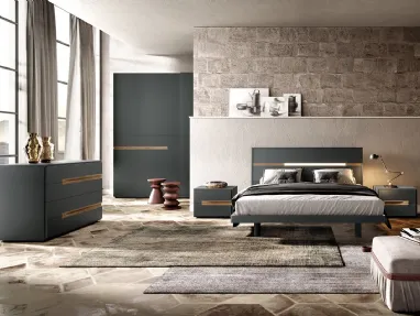 Letto con testiera S01 Run e Alfa in laccato opaco con inserto in legno di Mercantini