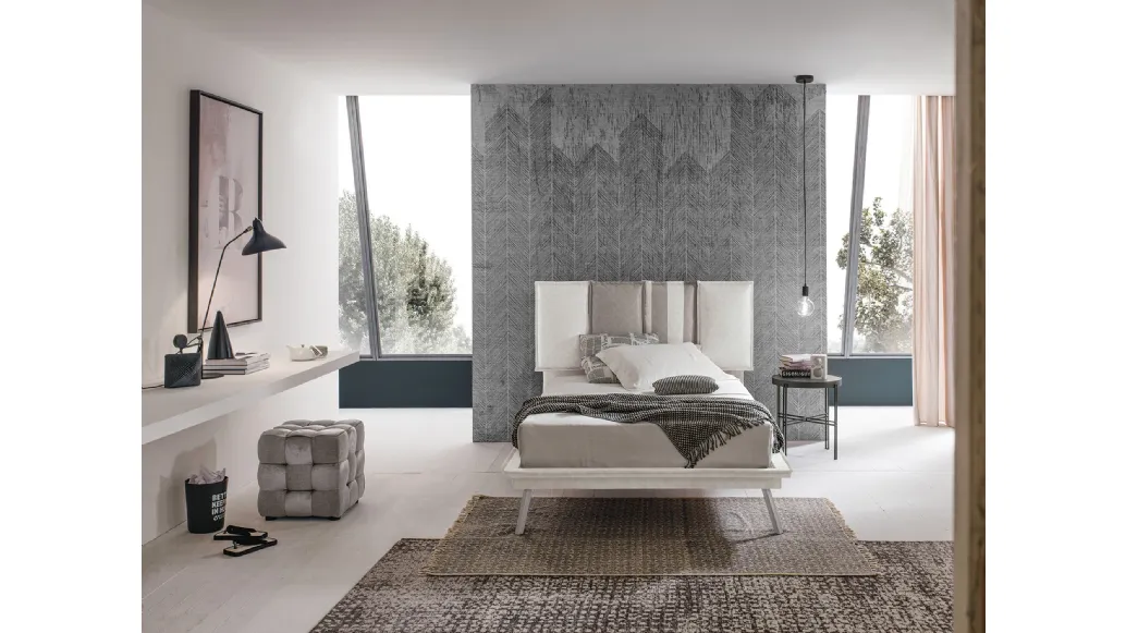 Letto singolo in tessuto con testiera imbottita e contenitore Santorini di Target Point