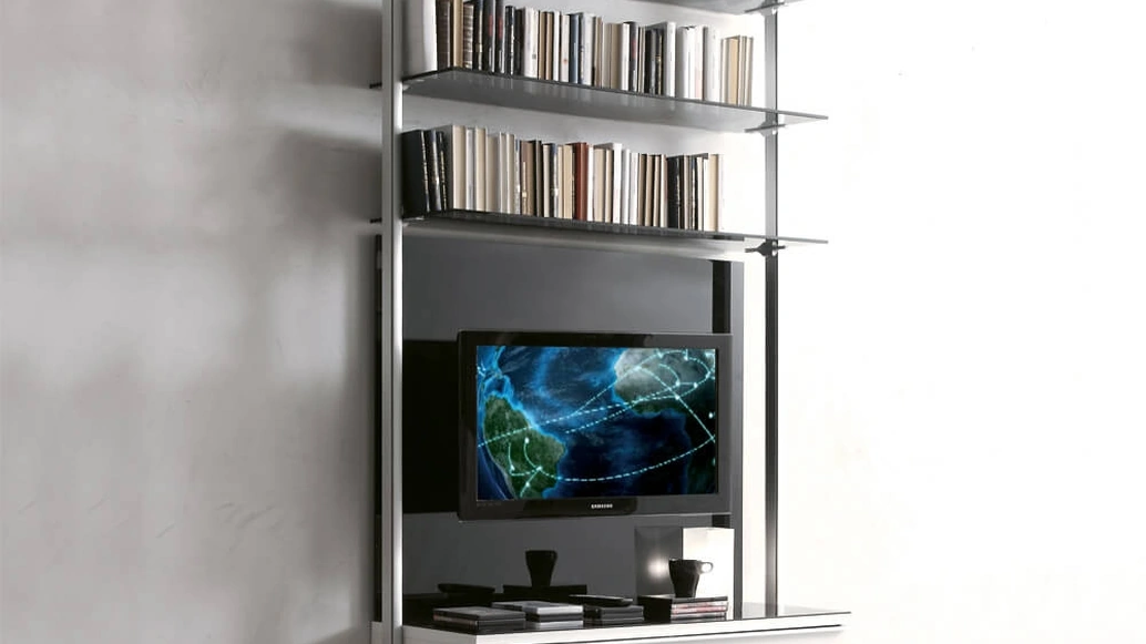 Libreria Capri in metallo con ripiani in vetro e cassetto laccato di Ponti Terenghi