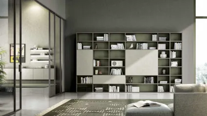 Libreria a muro Living 831 in laccato opaco e fimitura materica di Spagnol Mobili