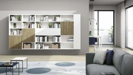 Libreria sospesa Living 845 in laccato Bianco e melaminico Rovere nodato di Spagnol Mobili