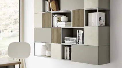 Libreria sospesa Living 856 Nordic in laccato, melaminico Noce e materico Touch Madreperla di Spagnol Mobili