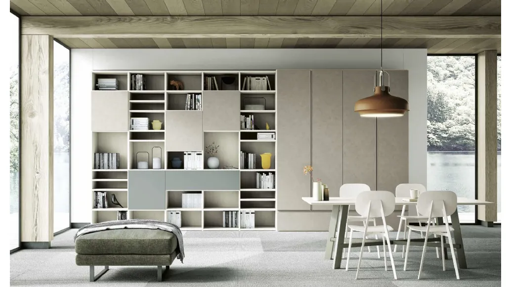 Libreria a muro Living 858 in materico Touch Sabbia, melaminico Noce Sider e laccato opaco Giada di Spagnol Mobili