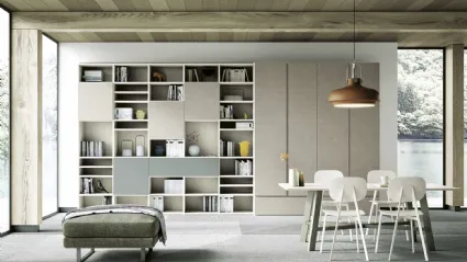 Libreria a muro Living 858 in materico Touch Sabbia, melaminico Noce Sider e laccato opaco Giada di Spagnol Mobili