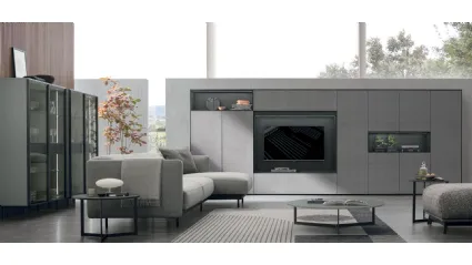 Parete Attrezzata Atlante UNIT AT202 in materico paglia grigio, materico rovere carbone e rovere carbone canettè di Tomasella