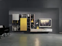 Parete Attrezzata sospesa Side 02 in finitura olmo zinco, laccato opaco pomice e giallo mango di Fimar