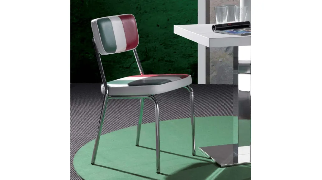 Sedia Hollywood-Sprint in ecopelle imbottita Italian Flag con base in metallo cromato di La Seggiola