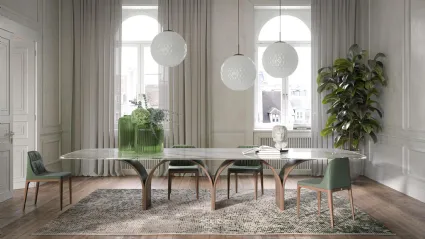Tavolo in vetro stampato con base in legno Arco Maxi di Tonin Casa