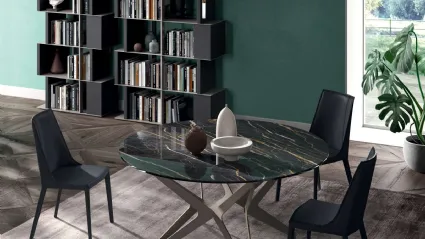 Tavolo Big Round Fisso in Cristallo Ceramica Noir Desir con base in metallo di Ozzio