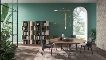 Tavolo rotondo in rovere con vassoio girevole in ceramica incassato nel piano e base in tondino di metallo Grant di Ozzio
