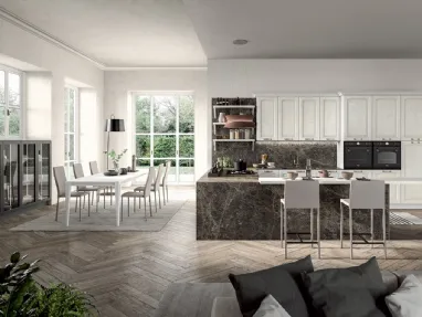 Cucina Classica angolare con penisola in legno di Frassino laccato Bianco a poro aperto e laminato effetto marmo Emma di Arredo3